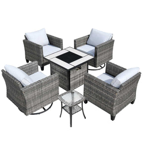 Ovios Patio Vultros 6-Piece Conversation Set, 2 Swivel Chairs 2 Chairs with 30'' Propane Fire Pit Table