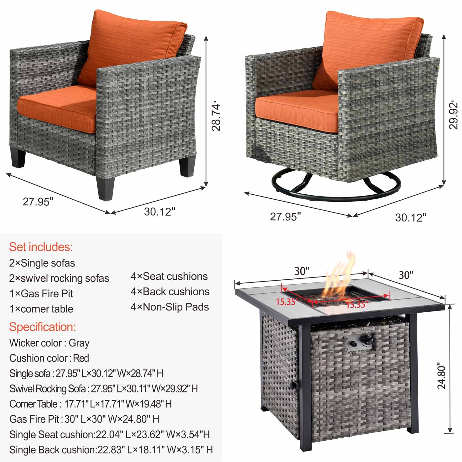 Ovios Patio Vultros 6-Piece Conversation Set, 2 Swivel Chairs 2 Chairs with 30'' Propane Fire Pit Table
