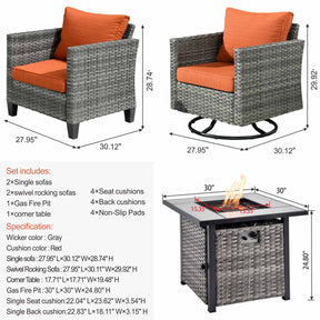 Ovios Patio Vultros 6-Piece Conversation Set, 2 Swivel Chairs 2 Chairs with 30'' Propane Fire Pit Table