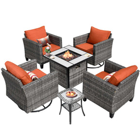 Ovios Patio Vultros 6-Piece Conversation Set, 2 Swivel Chairs 2 Chairs with 30'' Propane Fire Pit Table