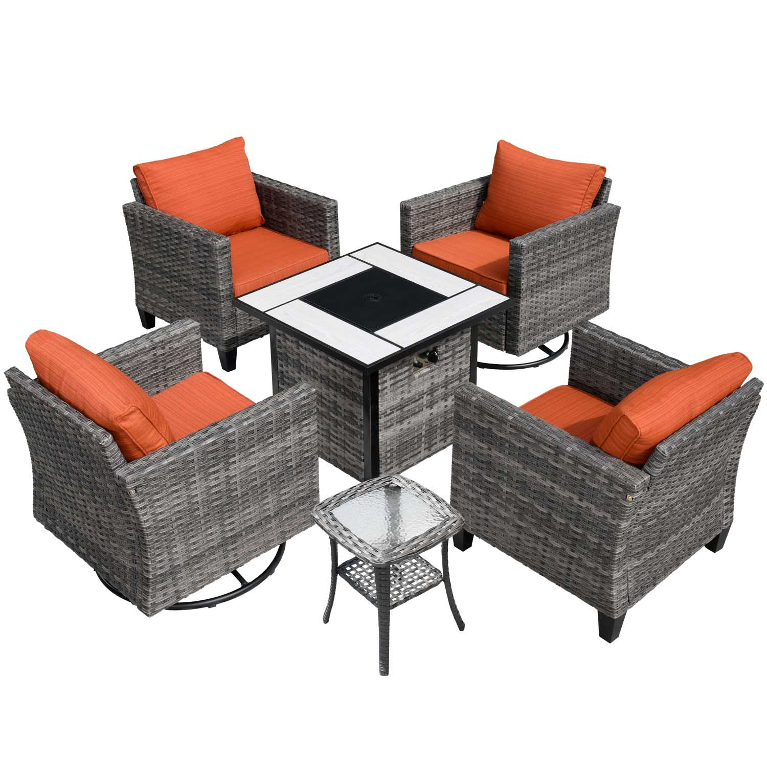 Ovios Patio Vultros 6-Piece Conversation Set, 2 Swivel Chairs 2 Chairs with 30'' Propane Fire Pit Table