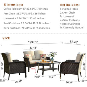 Ovios Outdoor Furniture 4 Piece High Back Brown Wicker with Cushion and Table