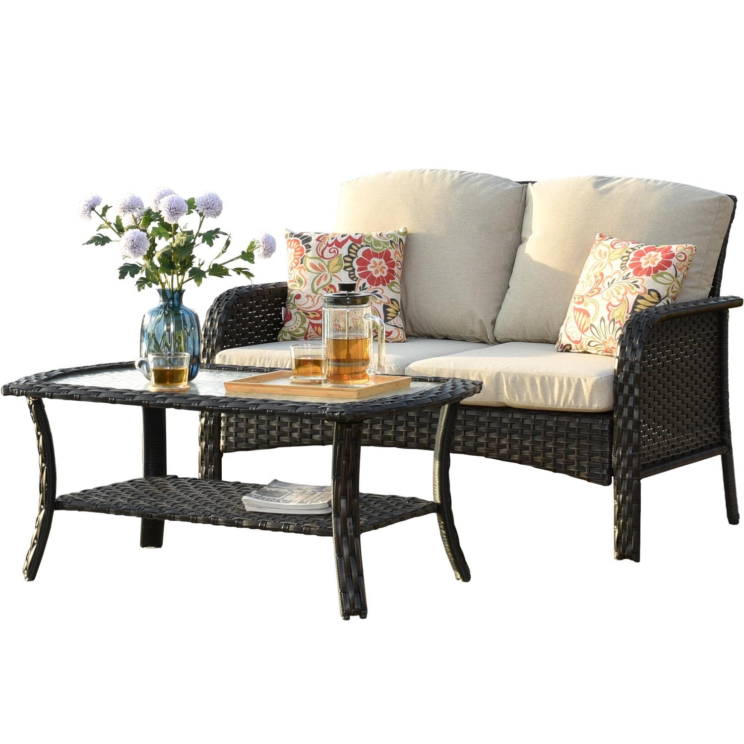 Ovios Outdoor Furniture 4 Piece High Back Brown Wicker with Cushion and Table