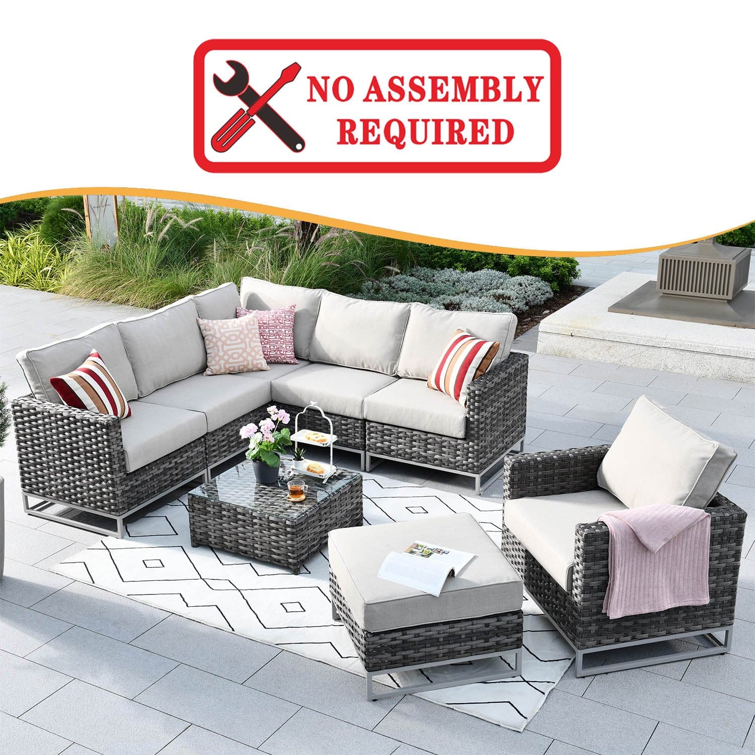 Ovios Patio Furniture Set 8-Piece with Grey Wicker, No Assembly Required
