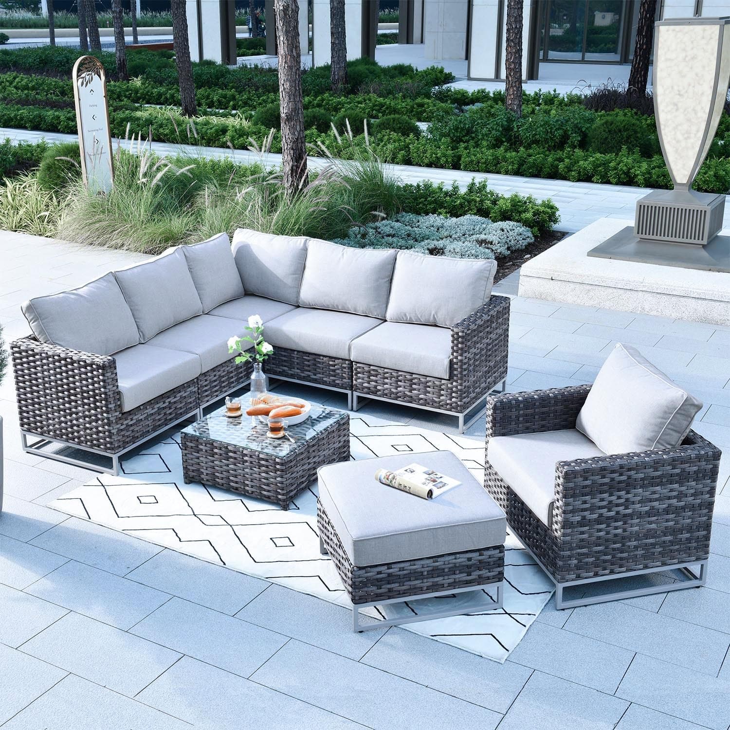Ovios Patio Furniture Set 8-Piece with Grey Wicker, No Assembly Required