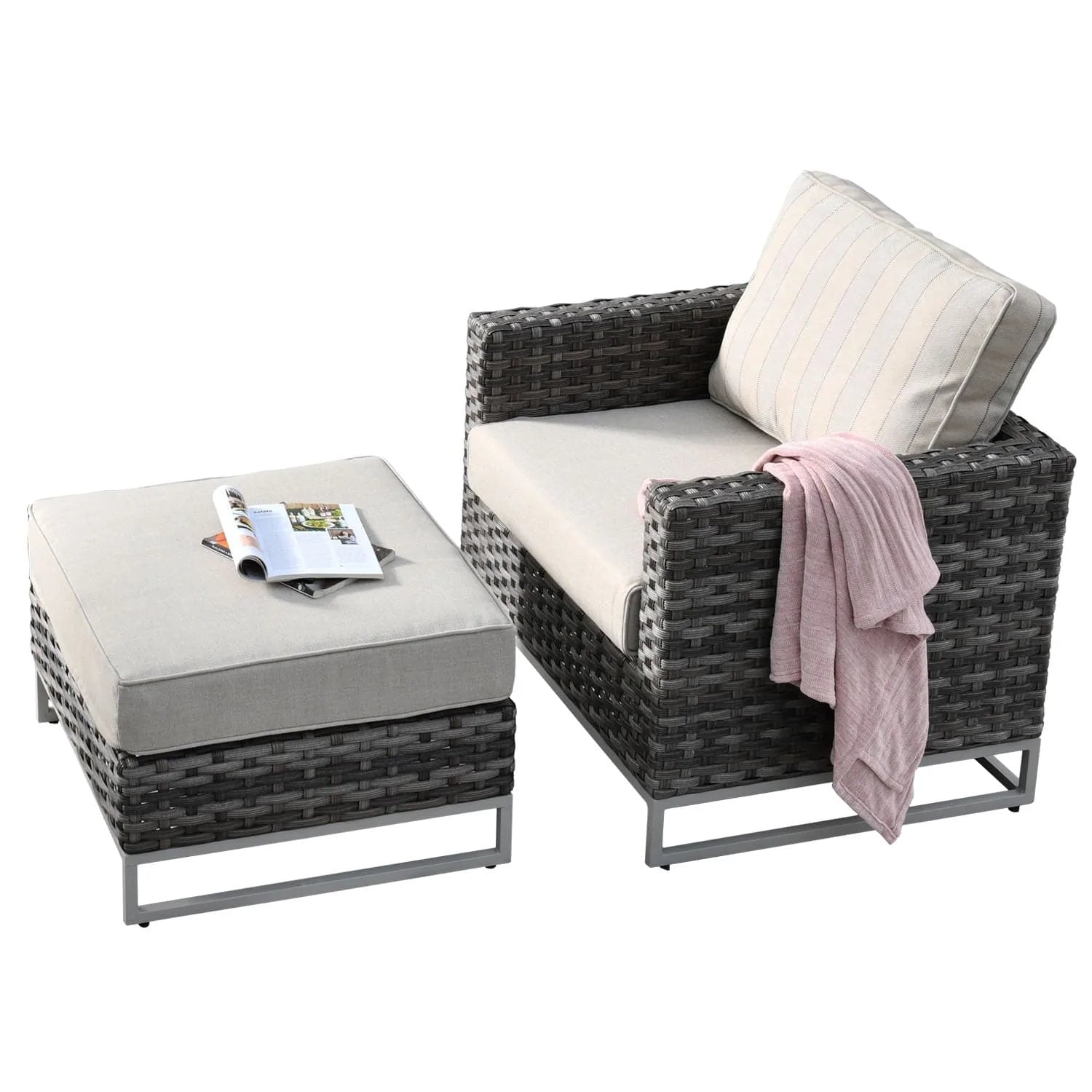 Ovios Patio Furniture 9-Piece Grey Wicker Set with Fire Pit Table, No Assembly Required