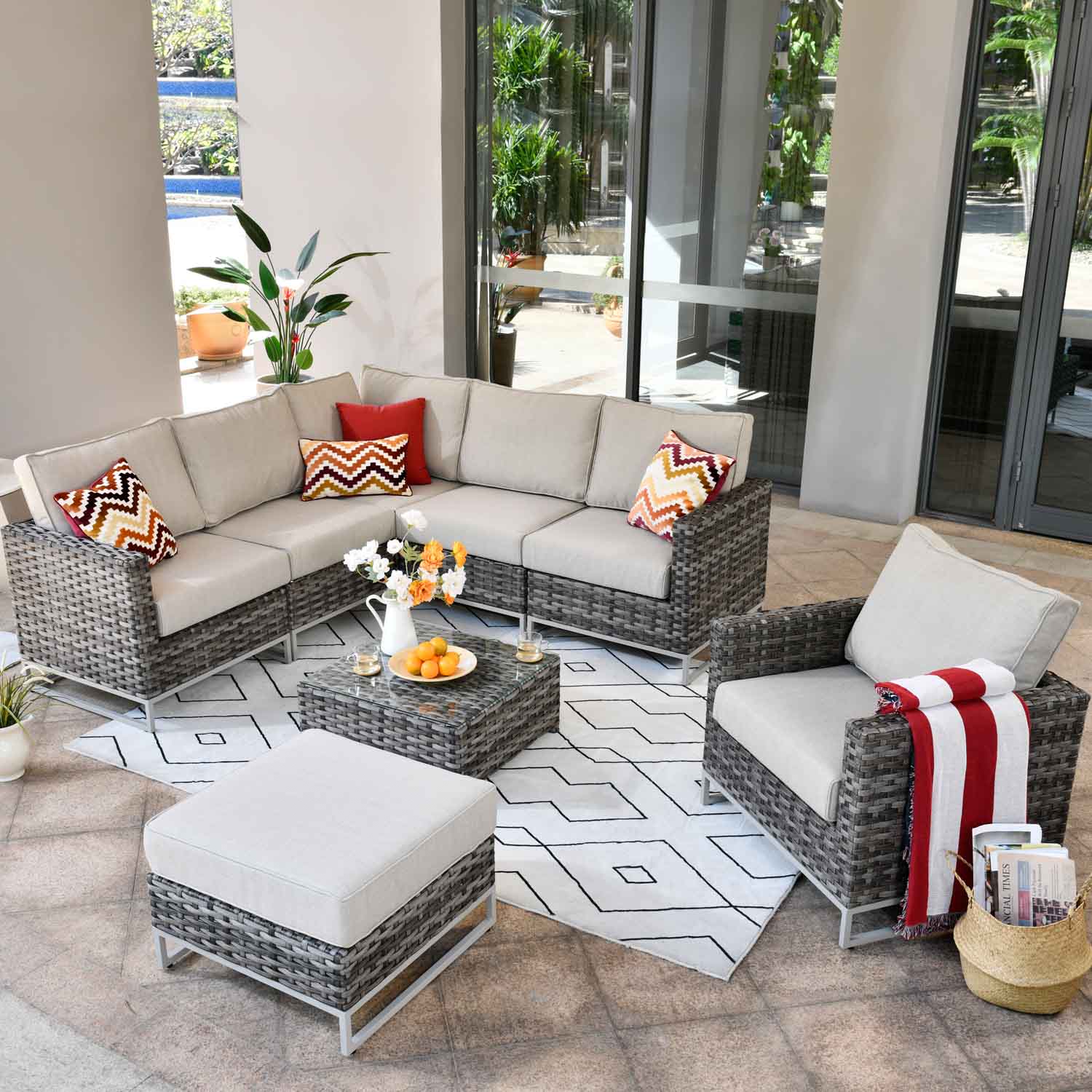 Ovios Patio Furniture Set 8-Piece with Grey Wicker, No Assembly Required