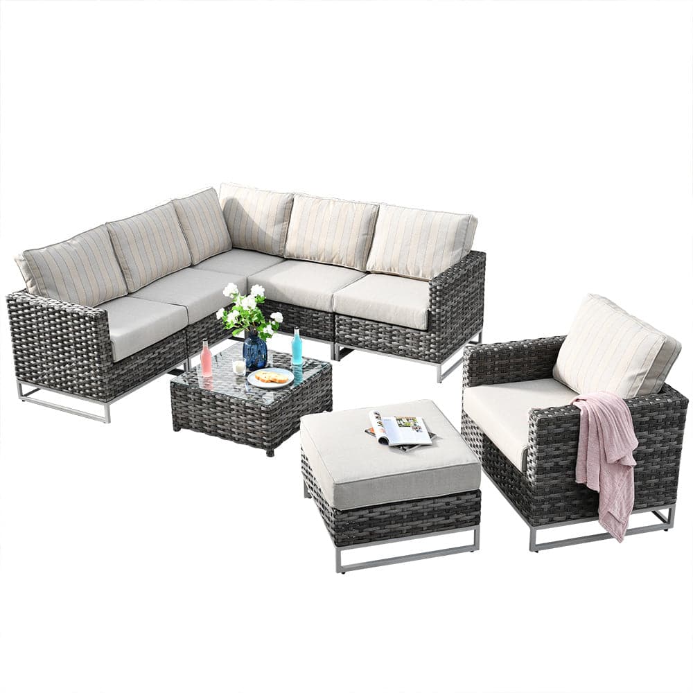 Ovios Patio Furniture 9-Piece Grey Wicker Set with Fire Pit Table, No Assembly Required