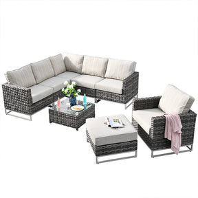 Ovios Patio Furniture 9-Piece Grey Wicker Set with Fire Pit Table, No Assembly Required