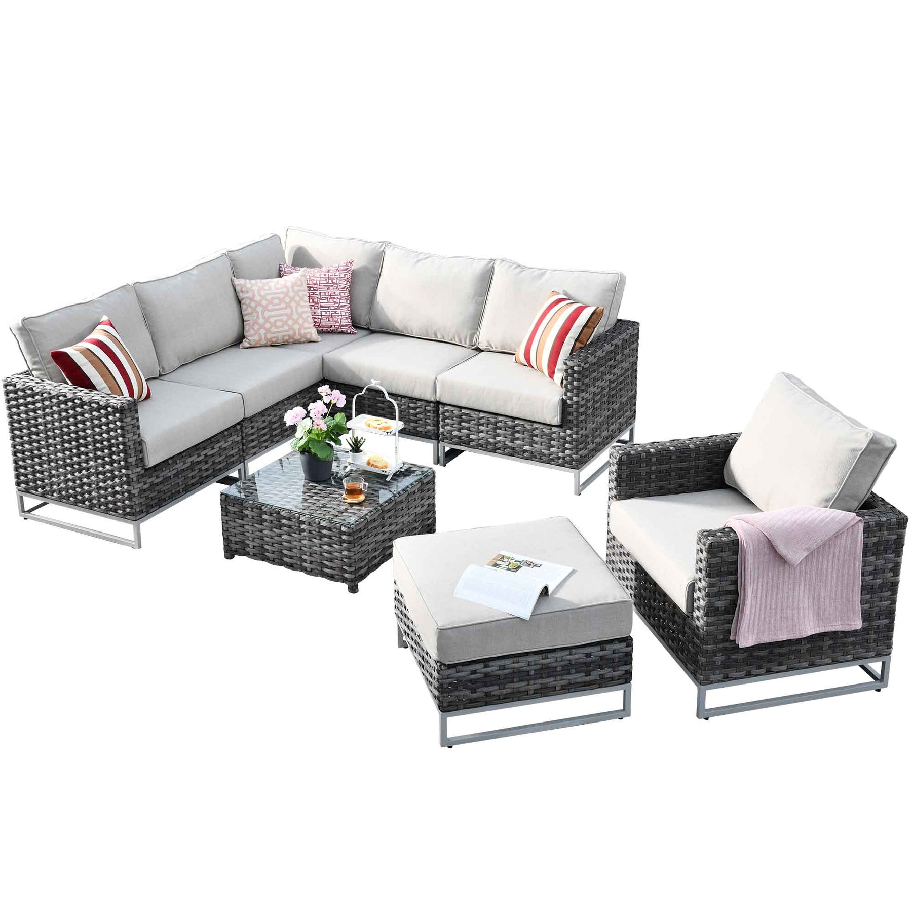Ovios Patio Furniture Set 8-Piece with Grey Wicker, No Assembly Required