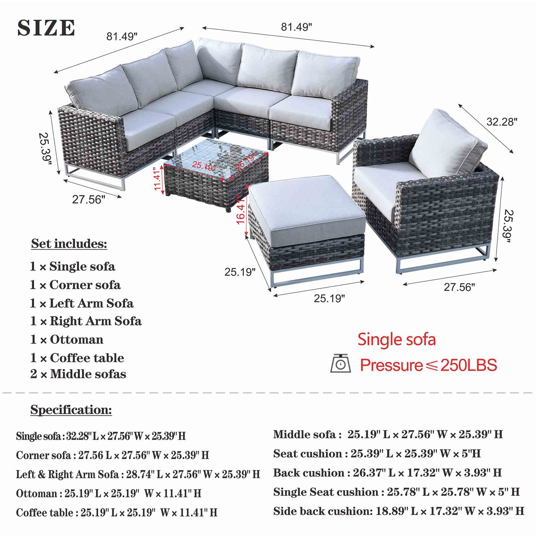 Ovios Patio Furniture Set 8-Piece with Grey Wicker, No Assembly Required