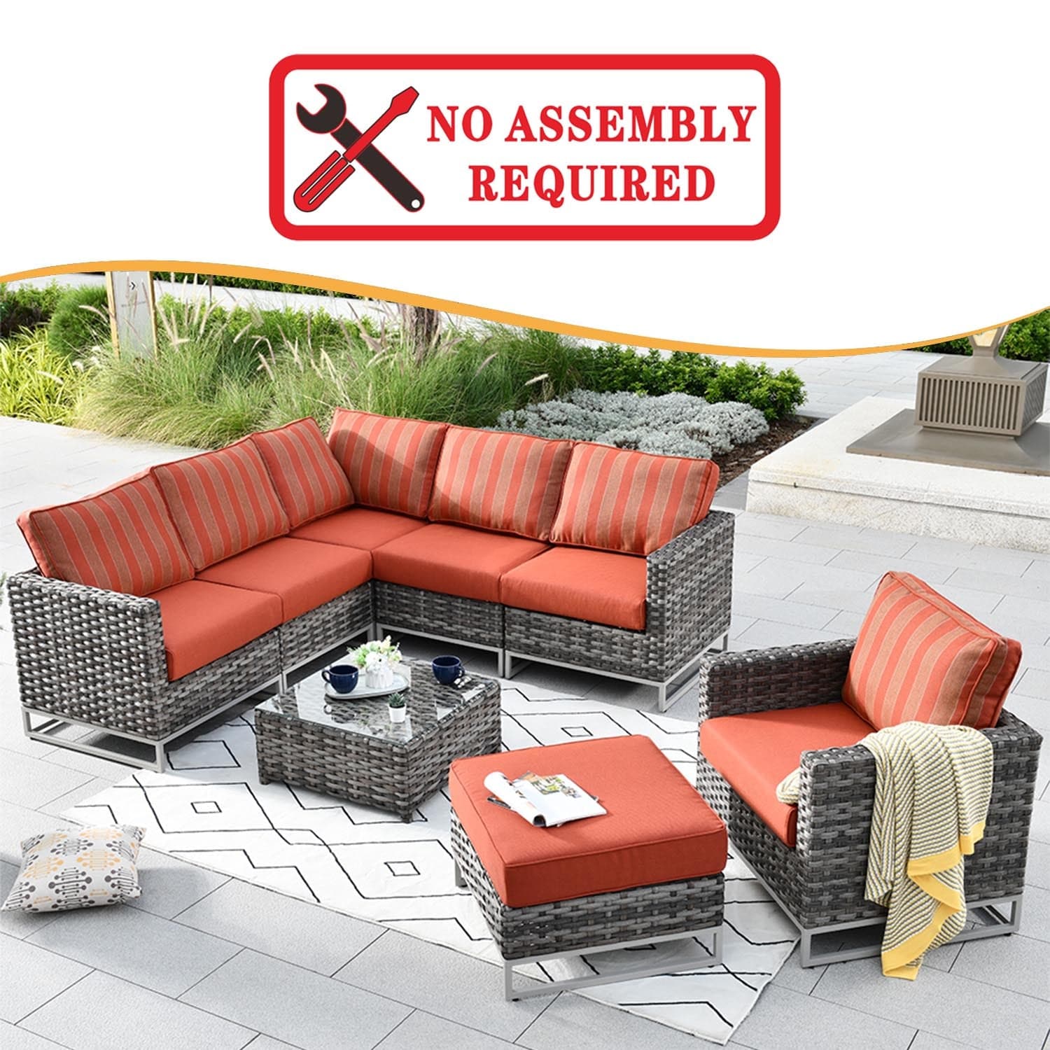 Ovios Patio Furniture Set 8-Piece with Grey Wicker, No Assembly Required