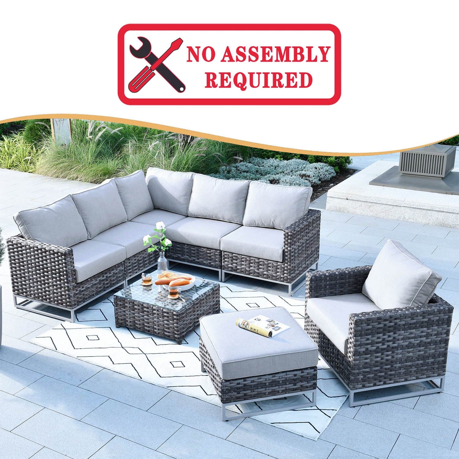 Ovios Patio Furniture Set 8-Piece with Grey Wicker, No Assembly Required
