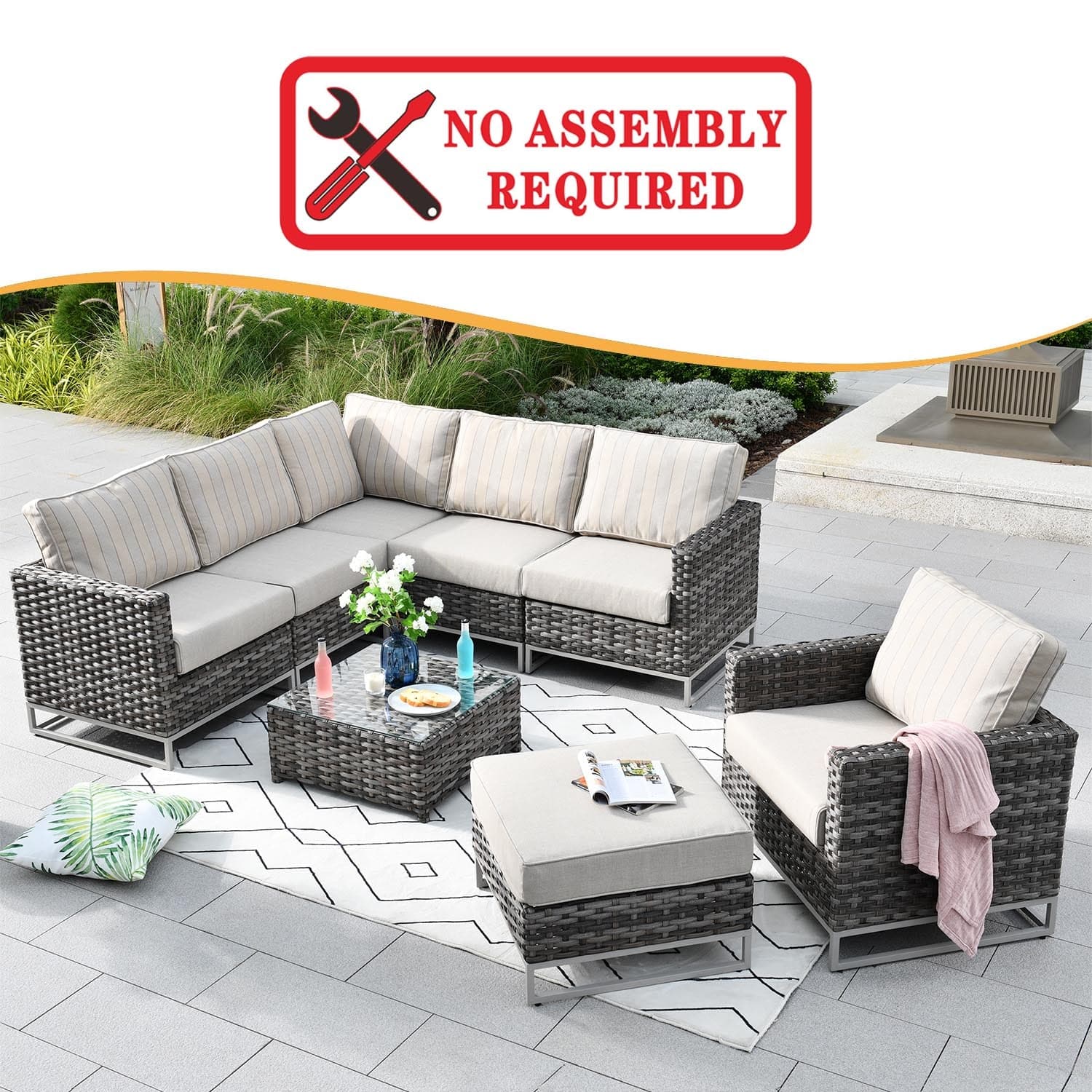Ovios Patio Furniture Set 8-Piece with Grey Wicker, No Assembly Required