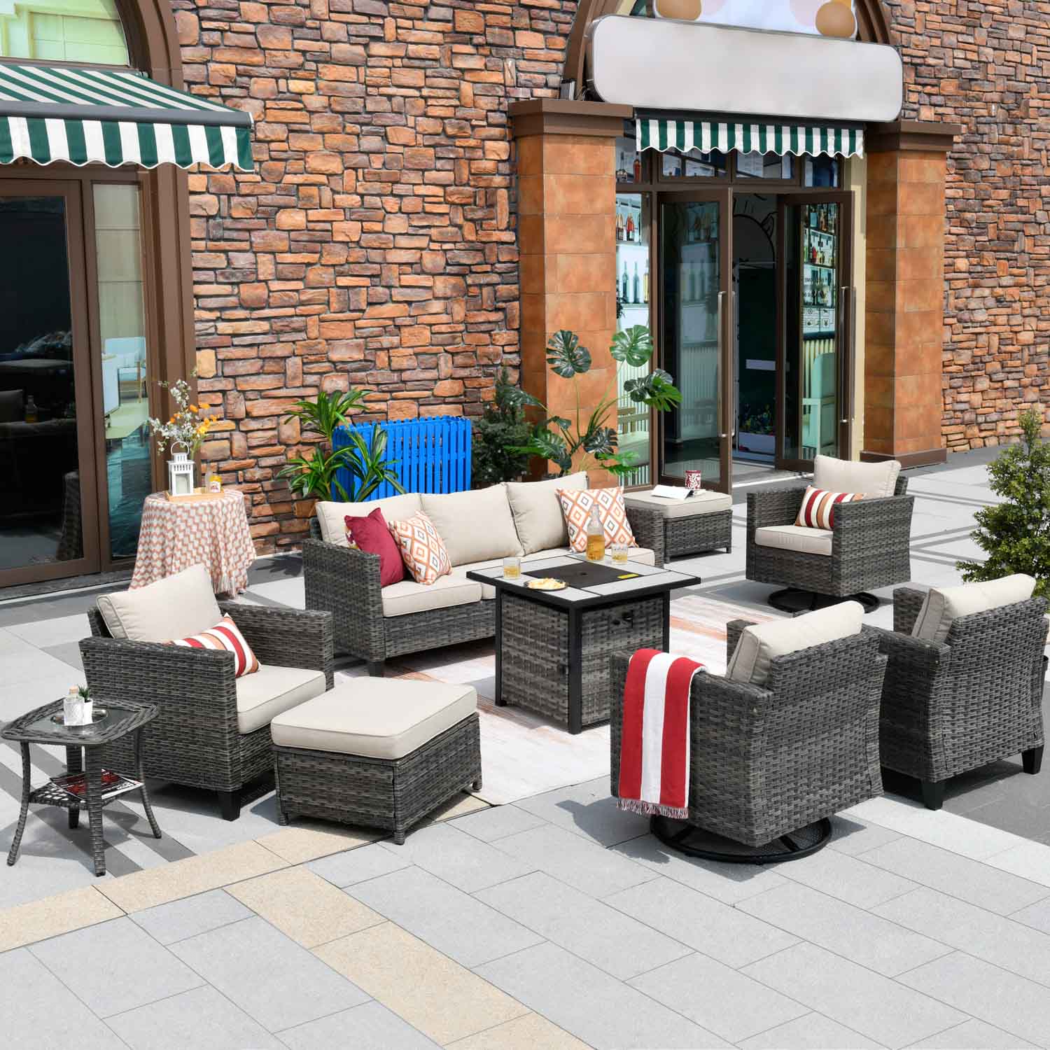 Ovios Patio Vultros 9-Piece Set with 2 Swivel Chairs and 30'' Propane Fire Pit Table