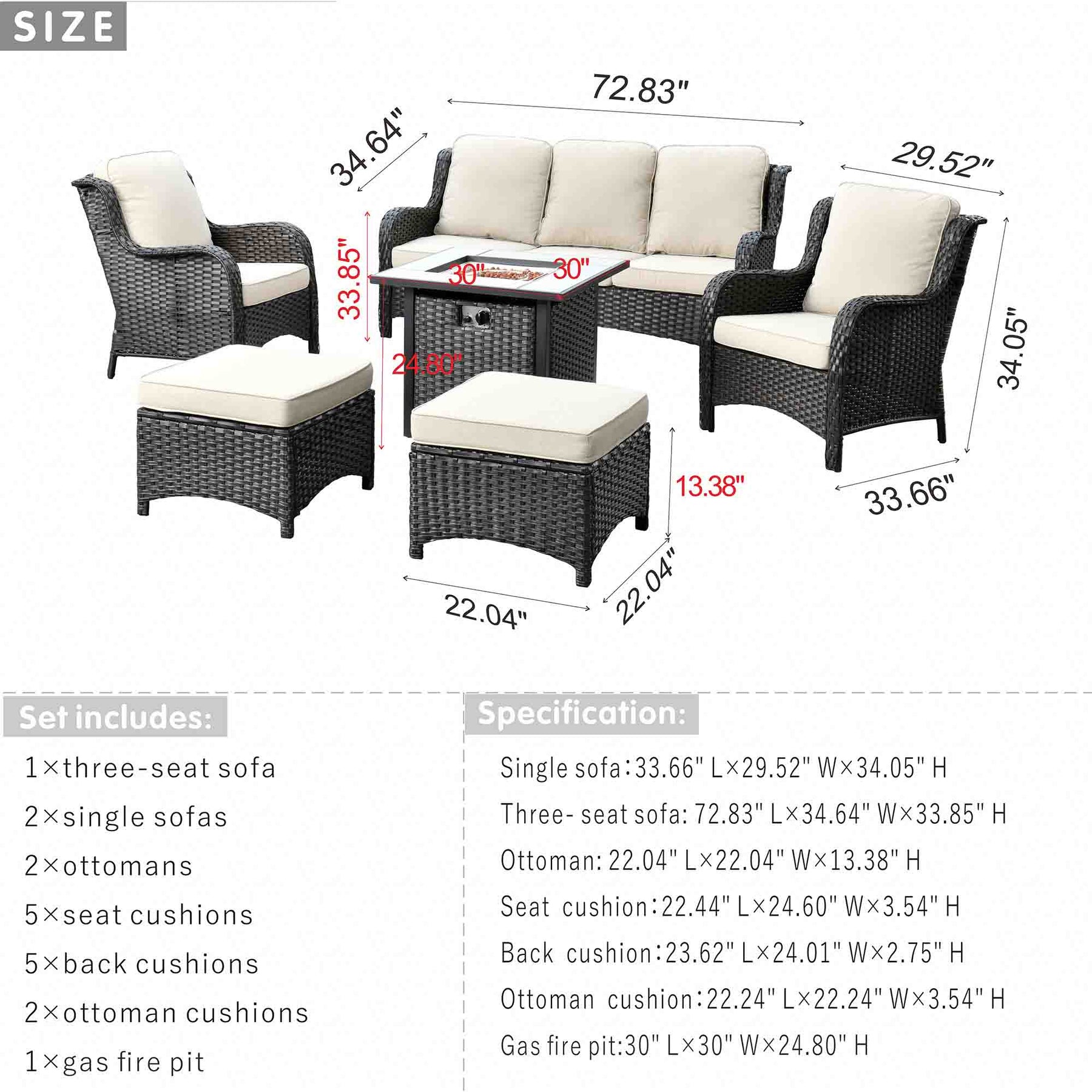 Ovios Patio Conversation Set 6-Piece with 30' Fire Pit Table and Kenard Set