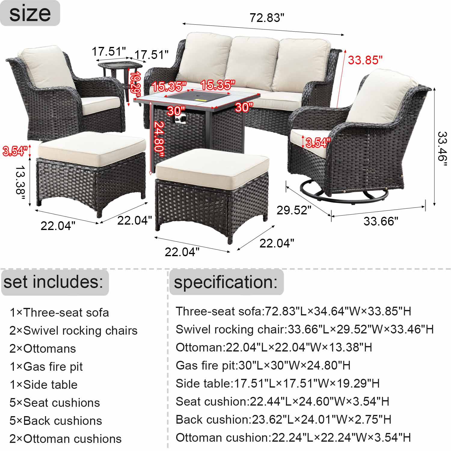 Ovios Outdoor Furniture 7-Piece with 30'' Fire Pit Table and Kenard 2 Rocking Chairs