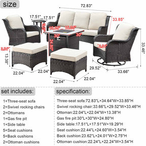 Ovios Outdoor Furniture 7-Piece with 30'' Fire Pit Table and Kenard 2 Rocking Chairs
