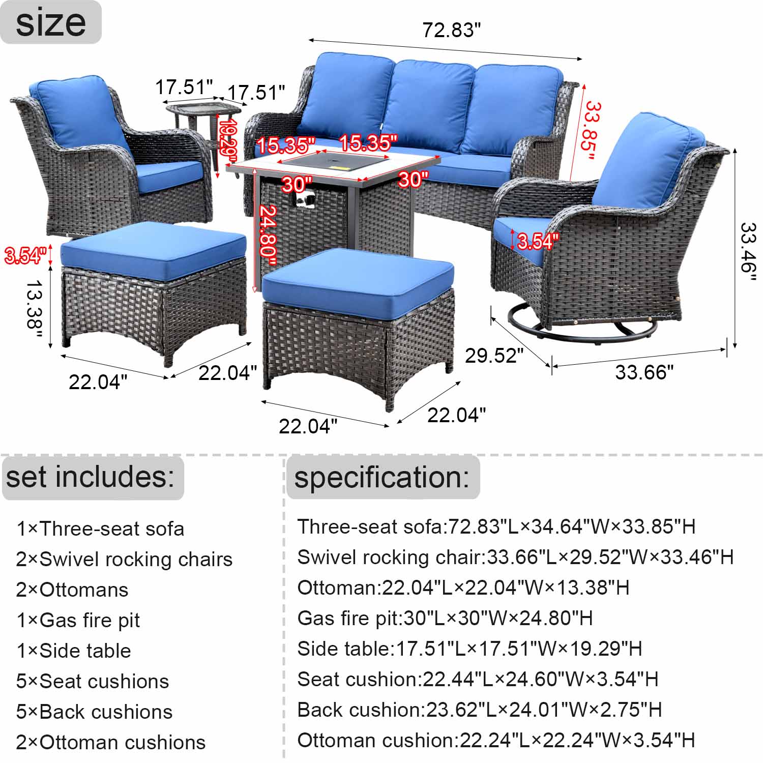 Ovios Outdoor Furniture 7-Piece with 30'' Fire Pit Table and Kenard 2 Rocking Chairs