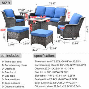 Ovios Outdoor Furniture 7-Piece with 30'' Fire Pit Table and Kenard 2 Rocking Chairs