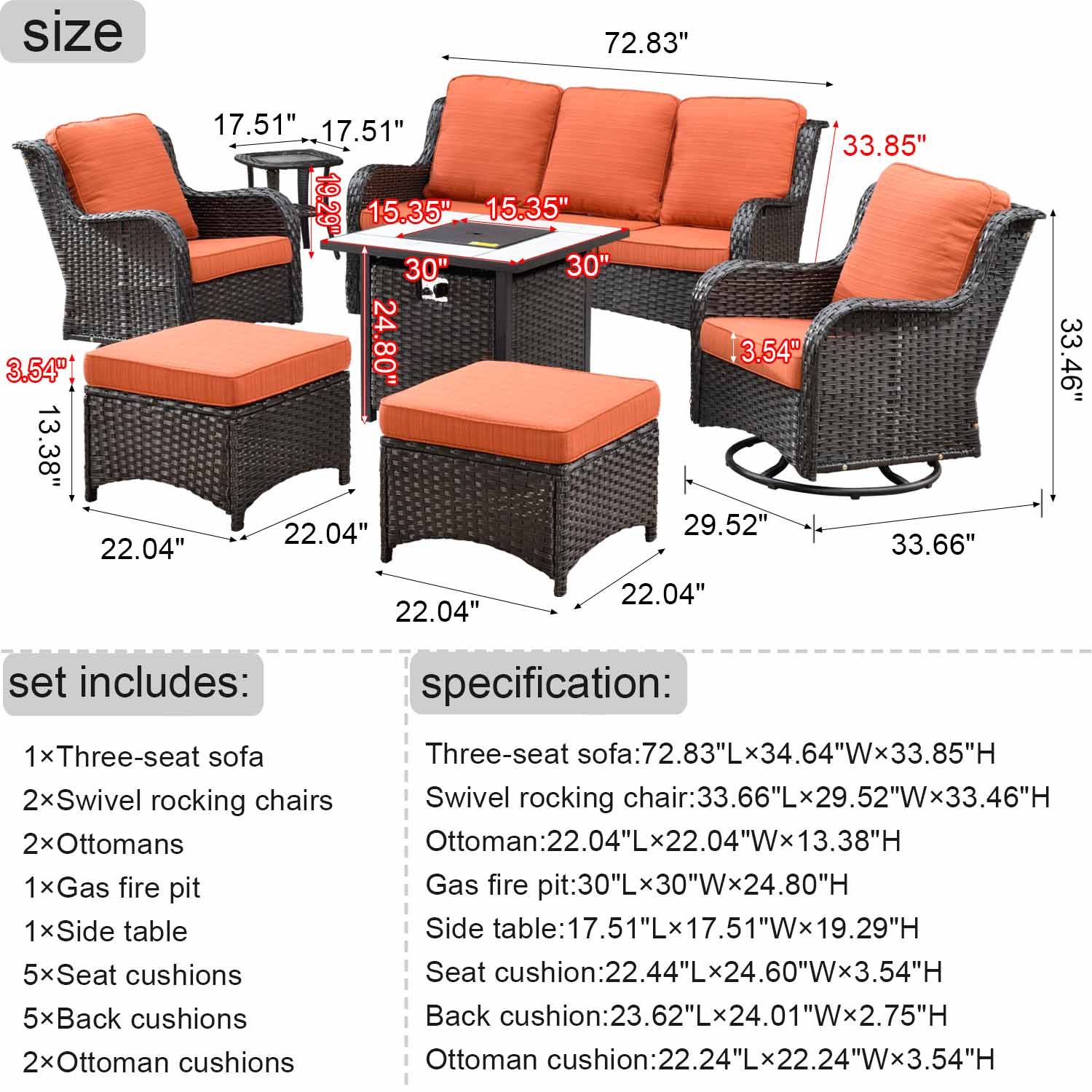Ovios Outdoor Furniture 7-Piece with 30'' Fire Pit Table and Kenard 2 Rocking Chairs