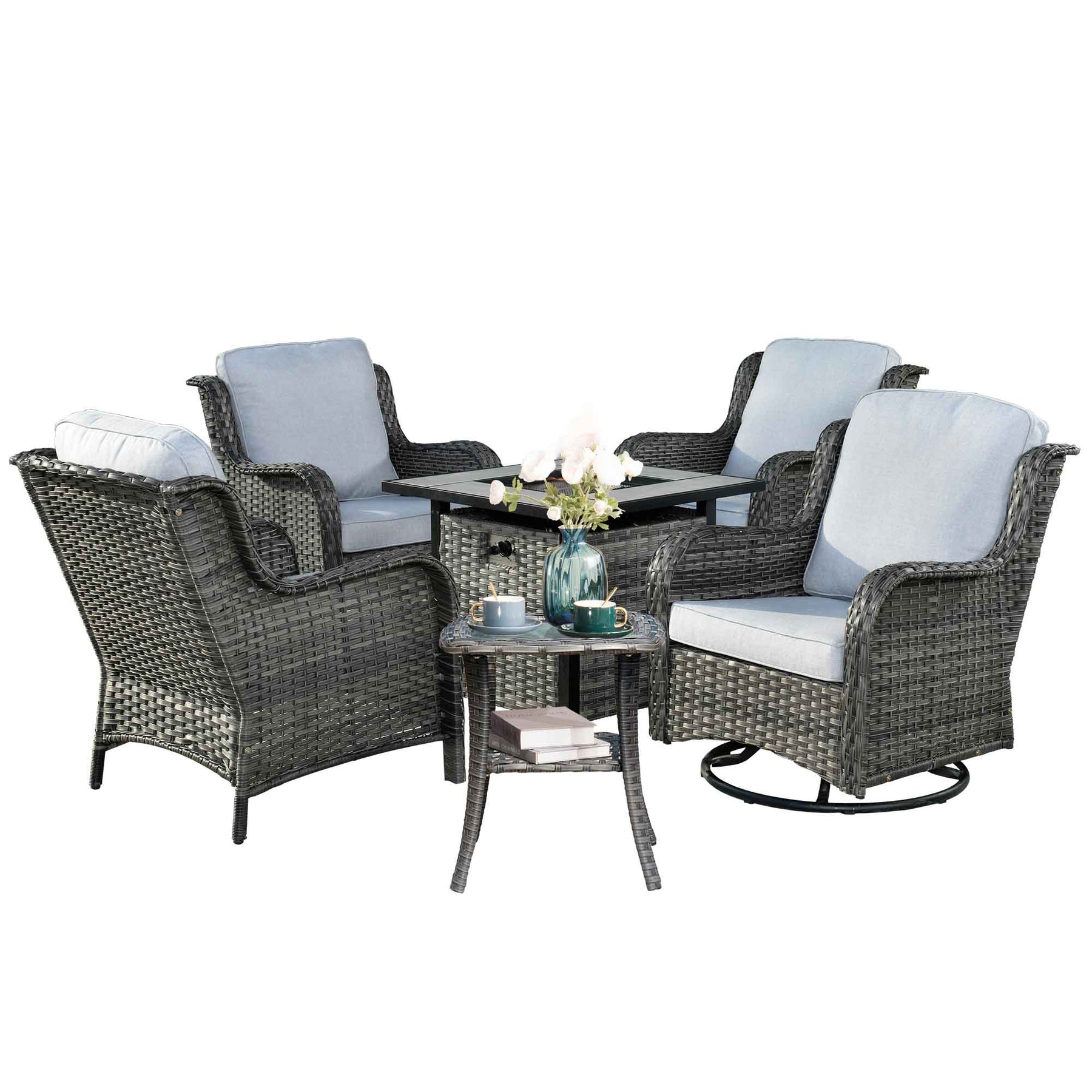 Ovios Outdoor Furniture 6-Piece with 30'' Fire Pit Table and Kenard 2 Rocking Chairs