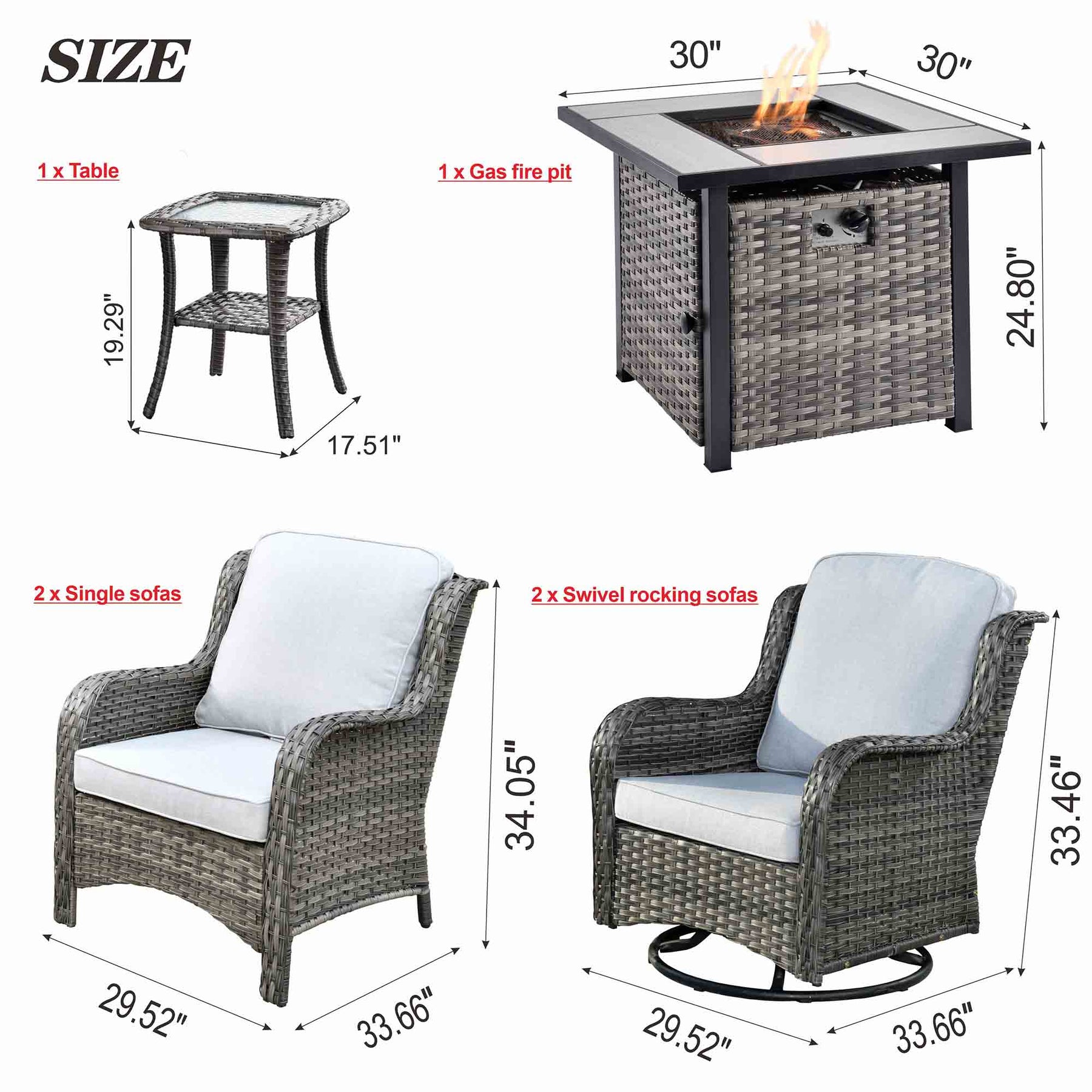 Ovios Outdoor Furniture 6-Piece with 30'' Fire Pit Table and Kenard 2 Rocking Chairs
