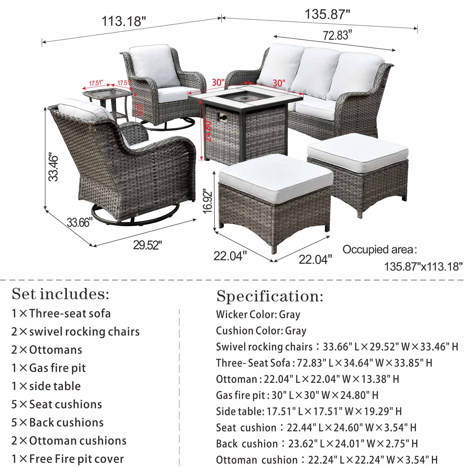 Ovios Outdoor Furniture 7-Piece with 30'' Fire Pit Table and Kenard 2 Rocking Chairs