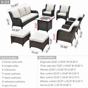 Ovios Patio 8-Piece Conversation Set with 30'' Propane Fire Pit Table Kenard