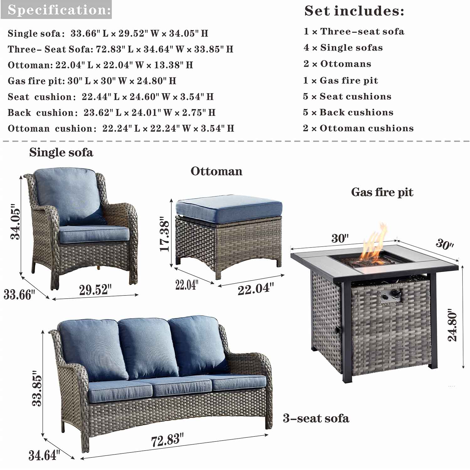 Ovios Patio 8-Piece Conversation Set with 30'' Propane Fire Pit Table Kenard