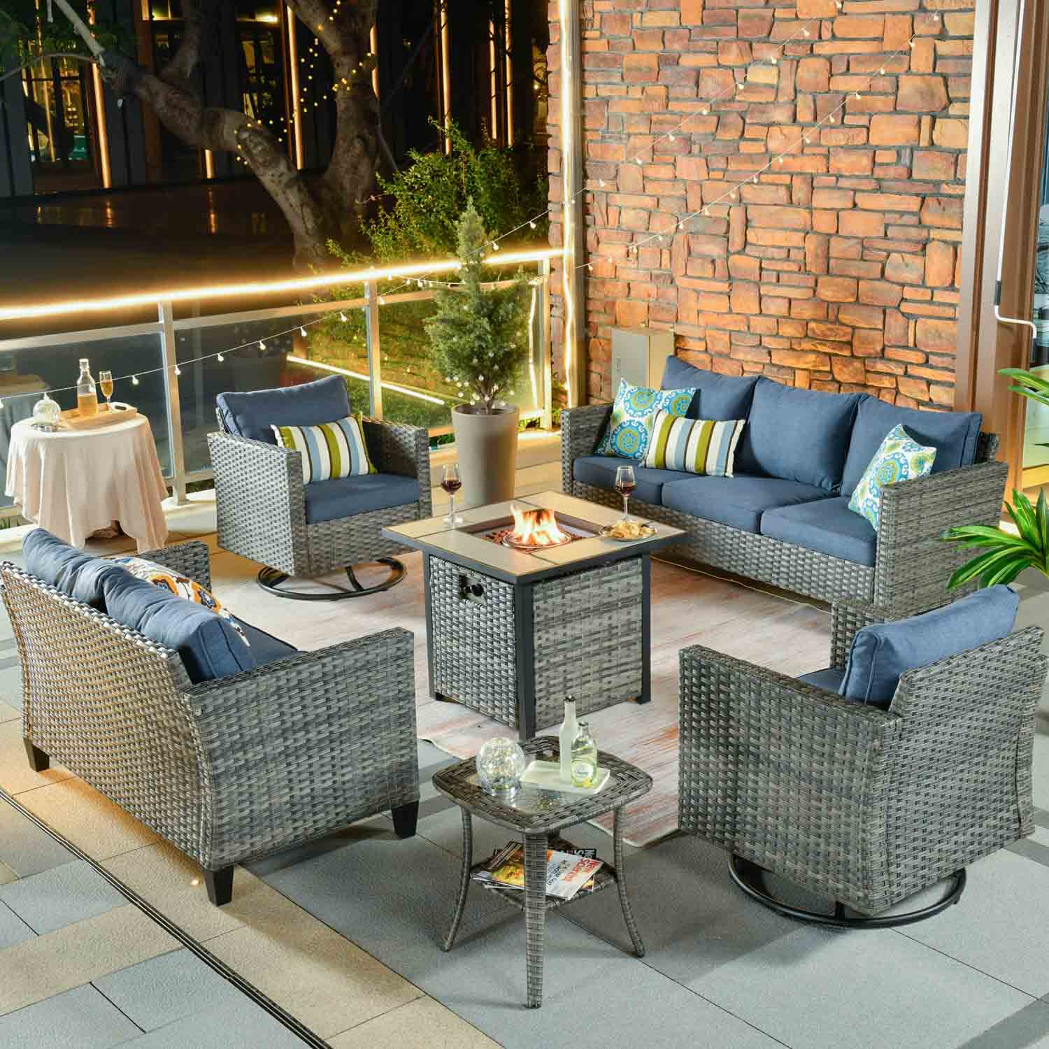 Ovios Patio Vultros 6-Piece Set With Swivel Chair Lover seat and 30'' Propane Fire Pit Table