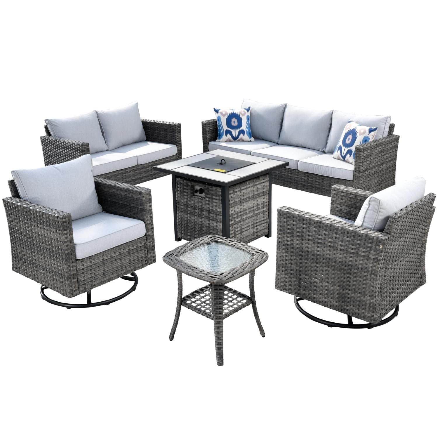 Ovios Patio Vultros 6-Piece Set With Swivel Chair Lover seat and 30'' Propane Fire Pit Table