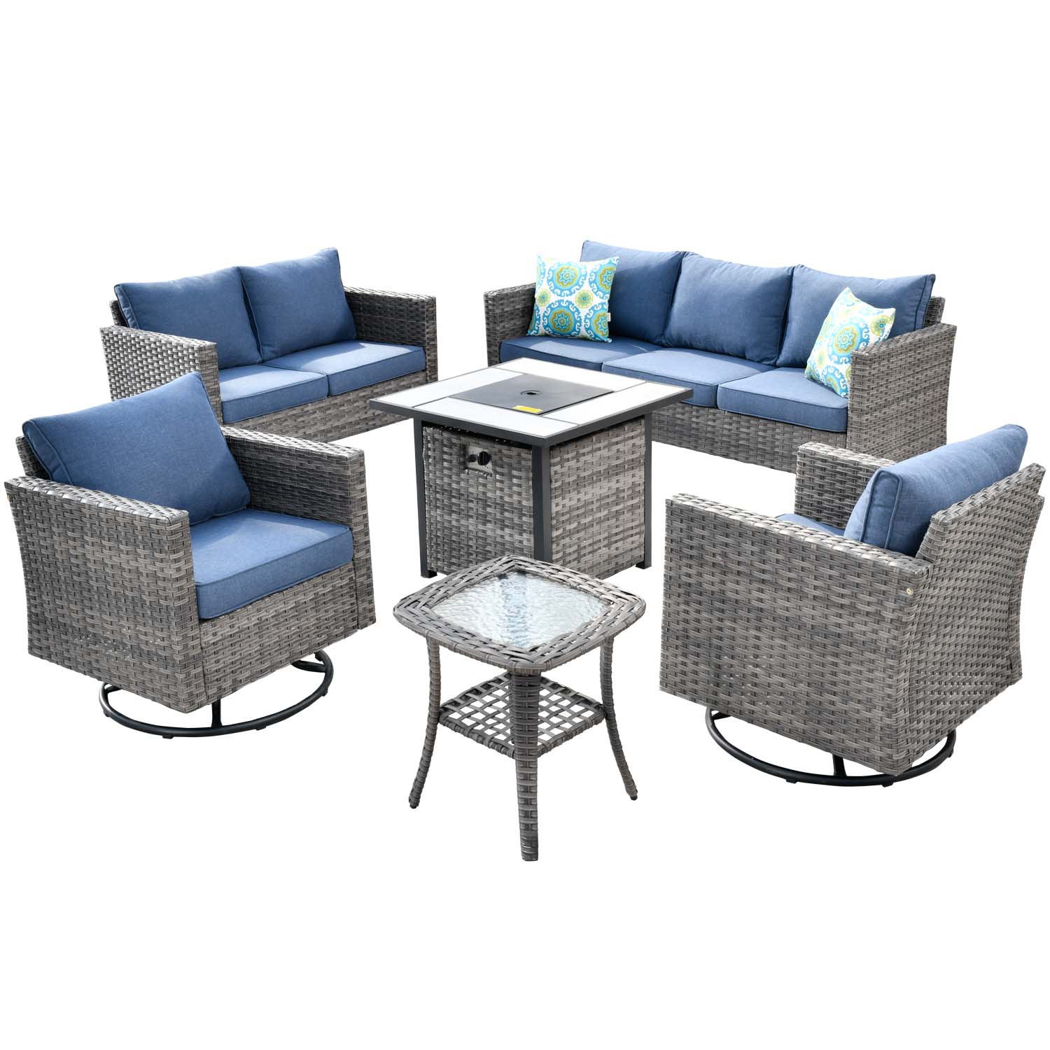 Ovios Patio Vultros 6-Piece Set With Swivel Chair Lover seat and 30'' Propane Fire Pit Table