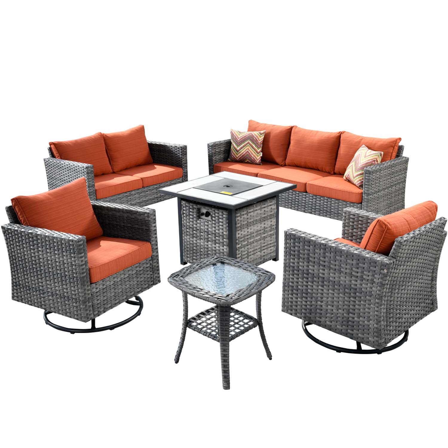 Ovios Patio Vultros 6-Piece Set With Swivel Chair Lover seat and 30'' Propane Fire Pit Table