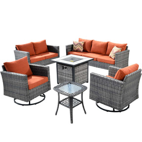Ovios Patio Vultros 6-Piece Set With Swivel Chair Lover seat and 30'' Propane Fire Pit Table