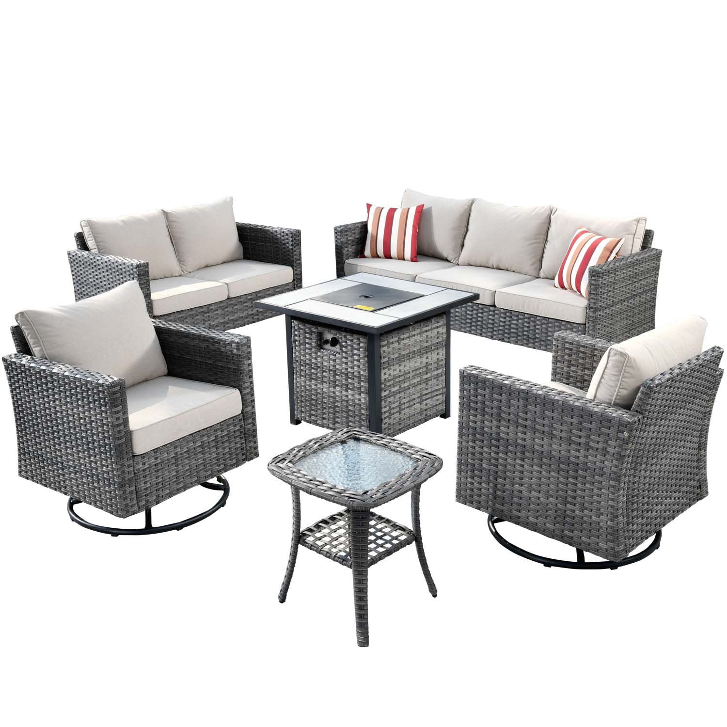 Ovios Patio Vultros 6-Piece Set With Swivel Chair Lover seat and 30'' Propane Fire Pit Table