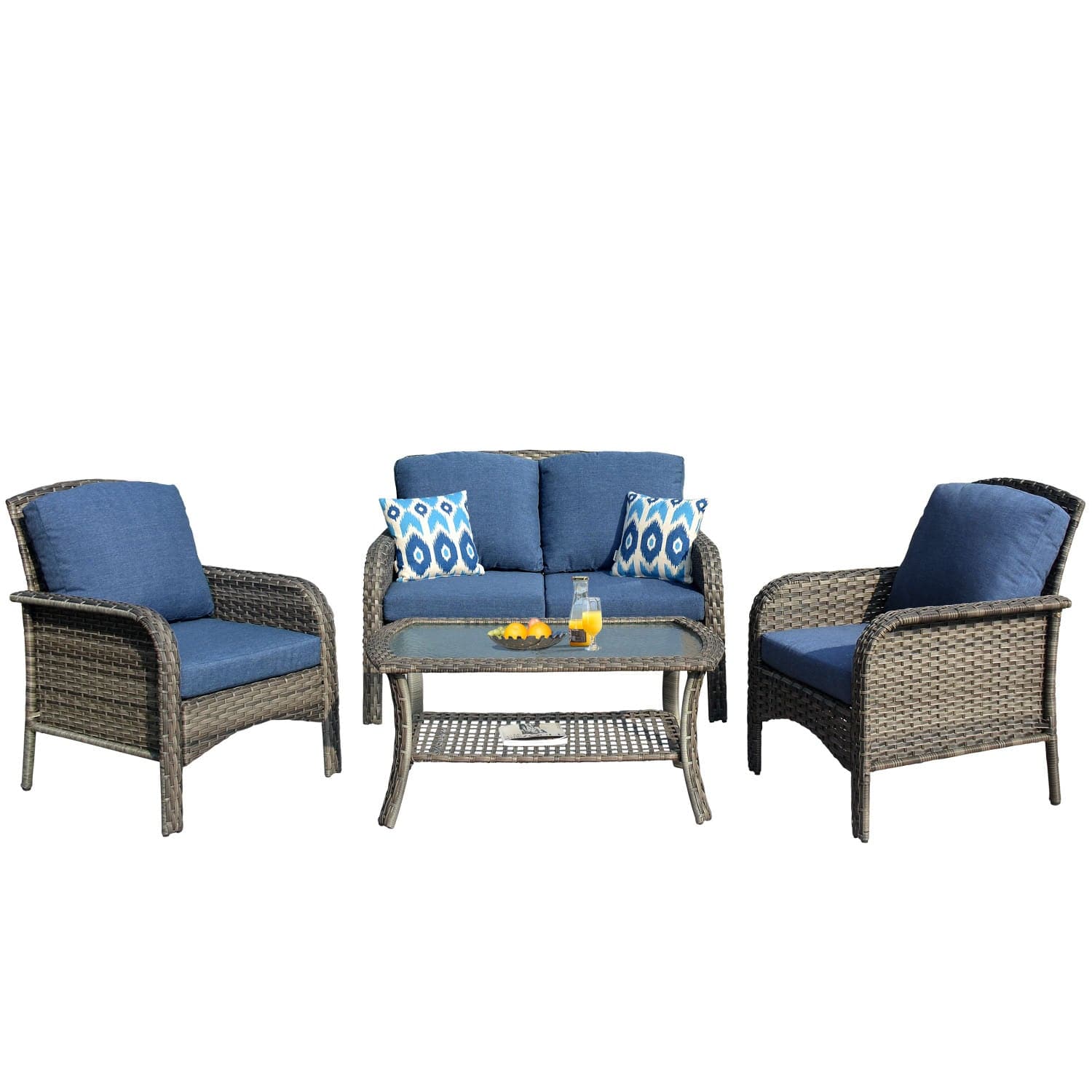 Ovios Outdoor Furniture 4-Piece High Back Grey Wicker with Cushion and Table