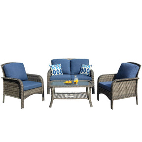Ovios Outdoor Furniture 4-Piece High Back Grey Wicker with Cushion and Table