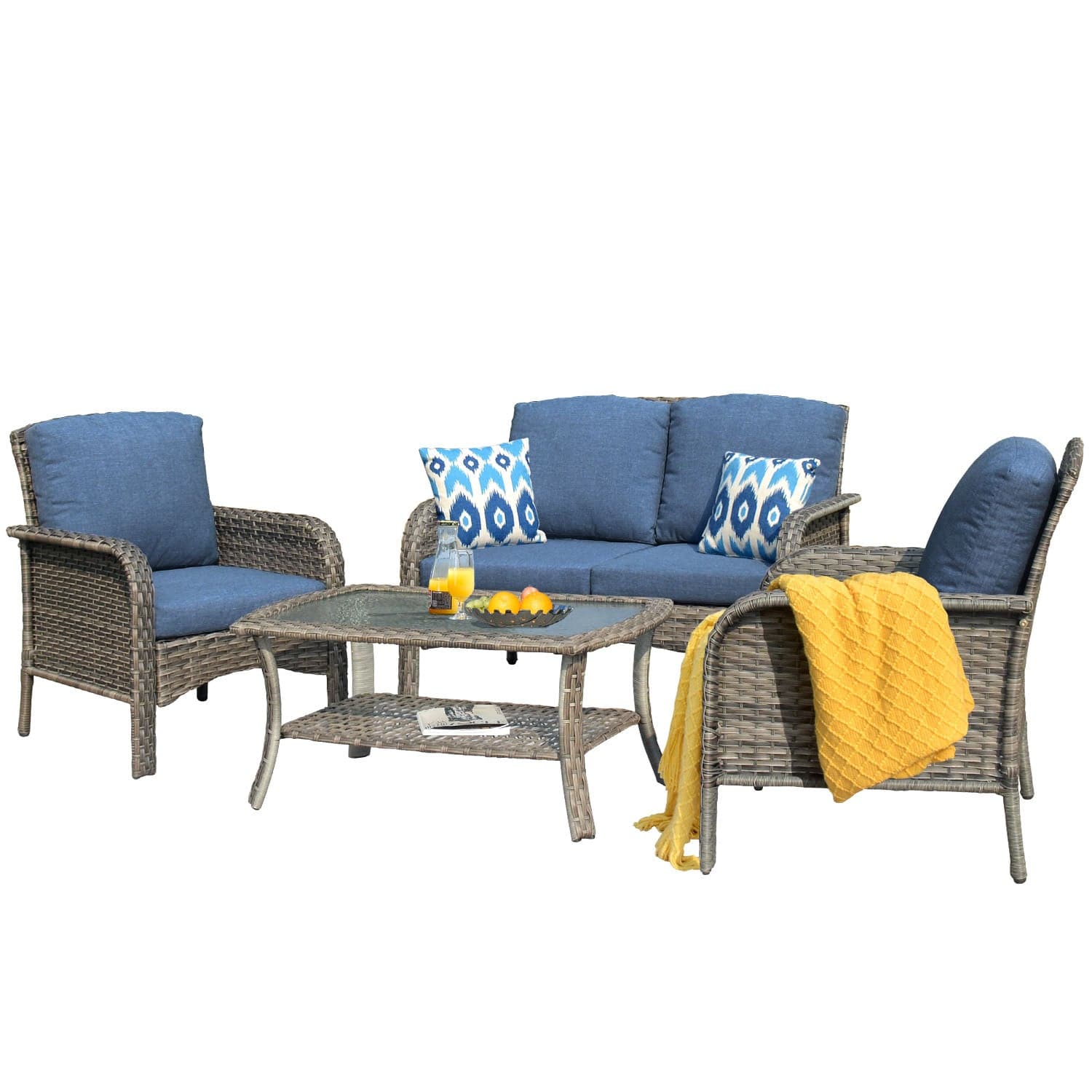 Ovios Outdoor Furniture 4-Piece High Back Grey Wicker with Cushion and Table