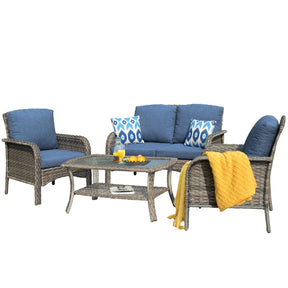 Ovios Outdoor Furniture 4-Piece High Back Grey Wicker with Cushion and Table
