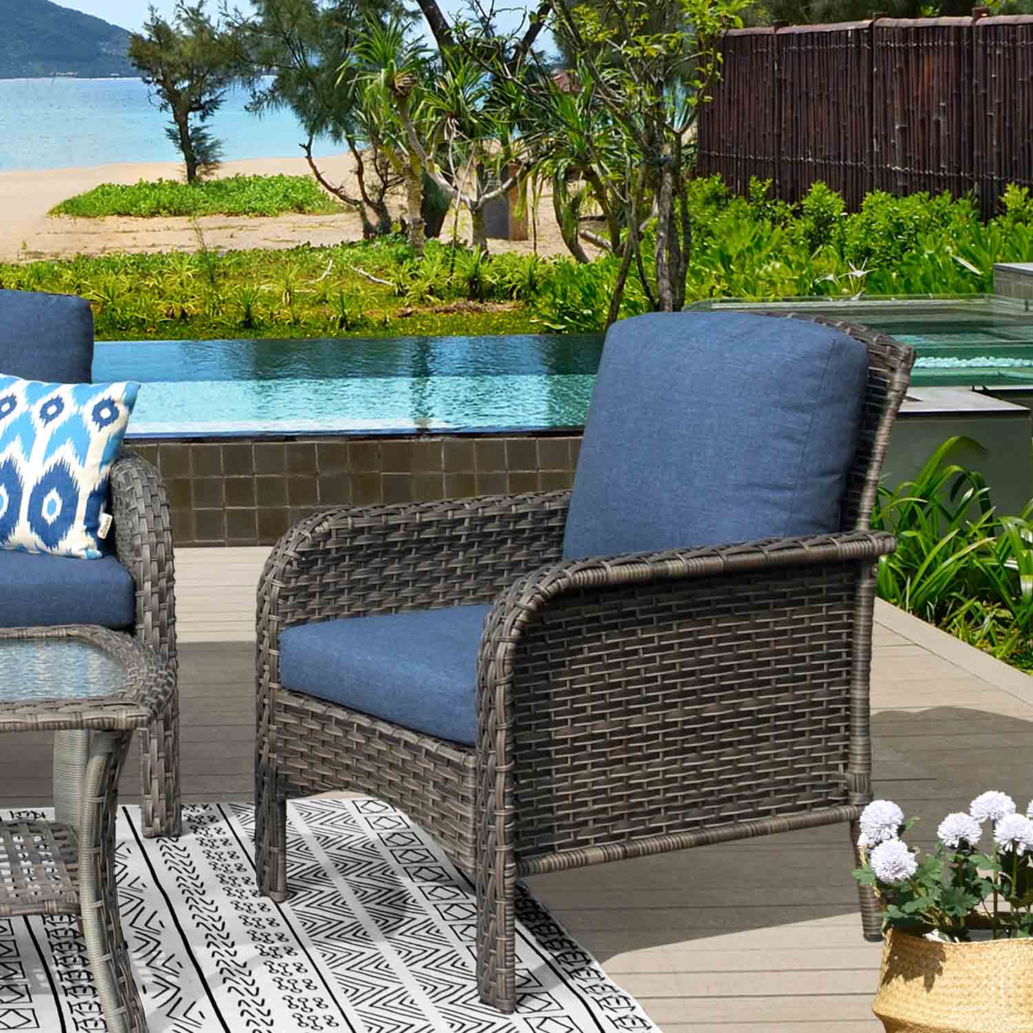 Ovios Outdoor Furniture 4-Piece High Back Grey Wicker with Cushion and Table
