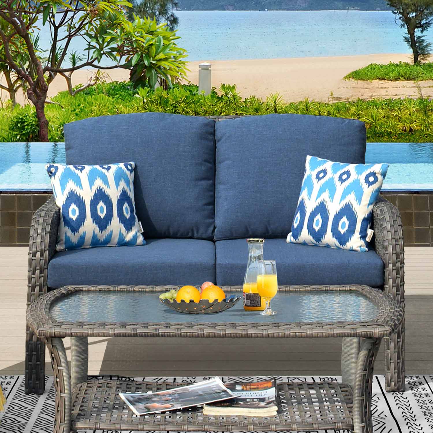 Ovios Outdoor Furniture 4-Piece High Back Grey Wicker with Cushion and Table