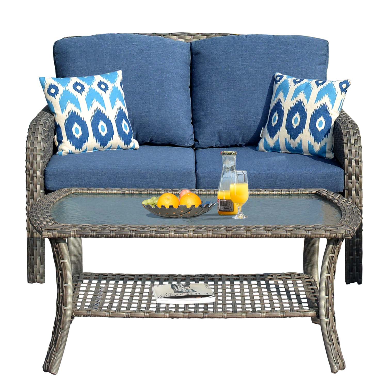 Ovios Outdoor Furniture 4-Piece High Back Grey Wicker with Cushion and Table