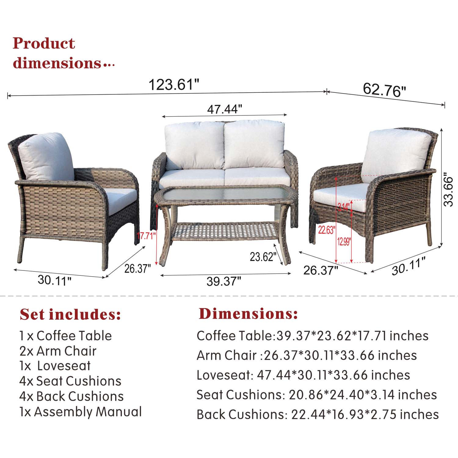 Ovios Outdoor Furniture 4-Piece High Back Grey Wicker with Cushion and Table
