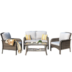 Ovios Outdoor Furniture 4-Piece High Back Grey Wicker with Cushion and Table