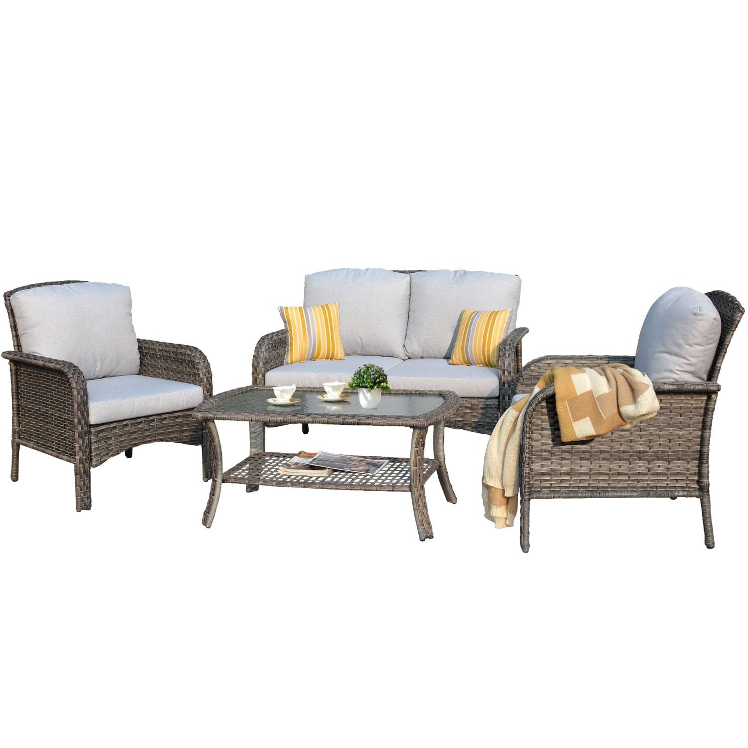 Ovios Outdoor Furniture 4-Piece High Back Grey Wicker with Cushion and Table
