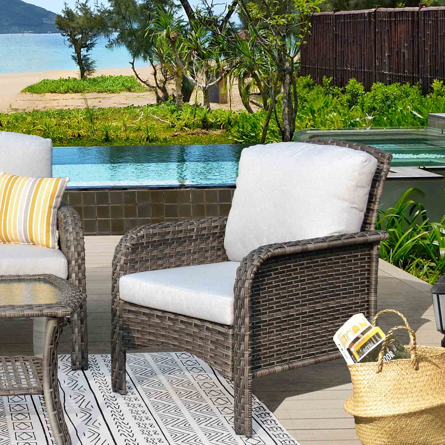 Ovios Outdoor Furniture 4-Piece High Back Grey Wicker with Cushion and Table