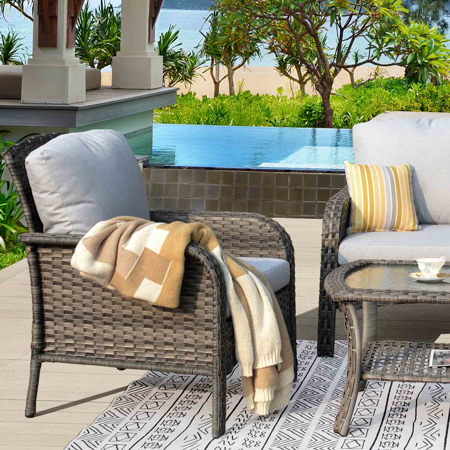 Ovios Outdoor Furniture 4-Piece High Back Grey Wicker with Cushion and Table