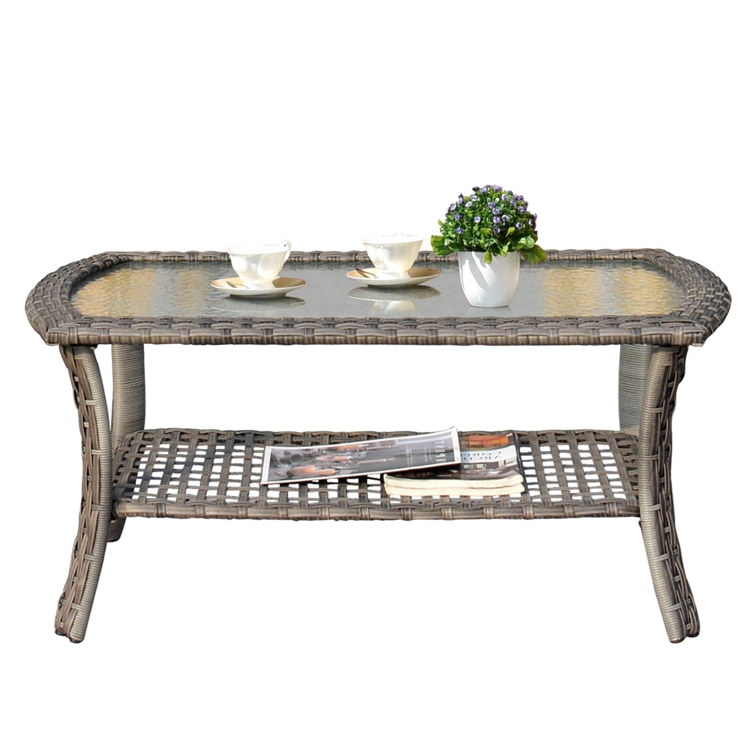 Ovios Outdoor Furniture 4-Piece High Back Grey Wicker with Cushion and Table