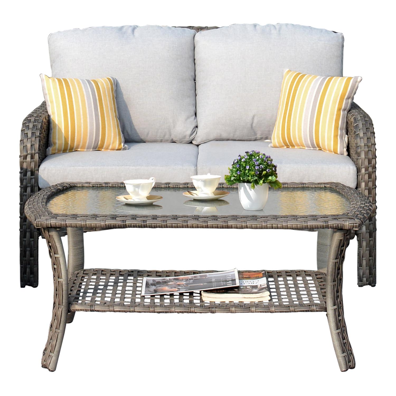Ovios Outdoor Furniture 4-Piece High Back Grey Wicker with Cushion and Table